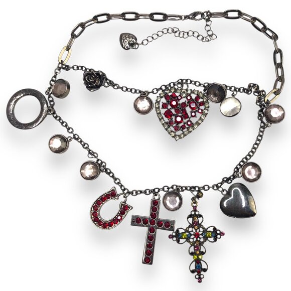 Vtg Y2K Betsey Johnson Rhinestones Heart Cross Layered Charms Necklace Horseshoe - Picture 1 of 8